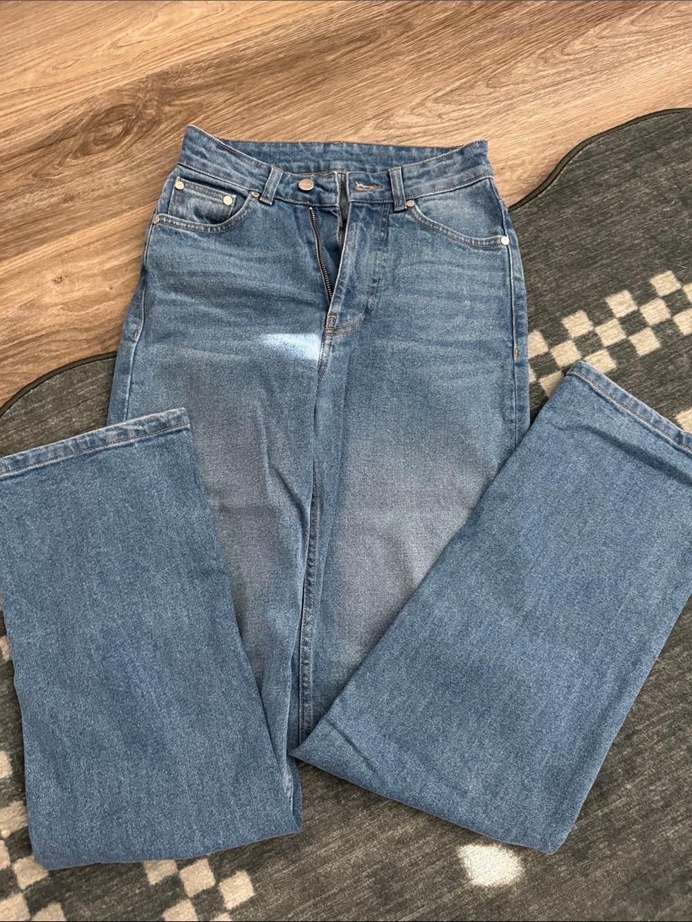 Djerf Avenue High-Waist Straight Leg Jeans Mid Blue Sz 25